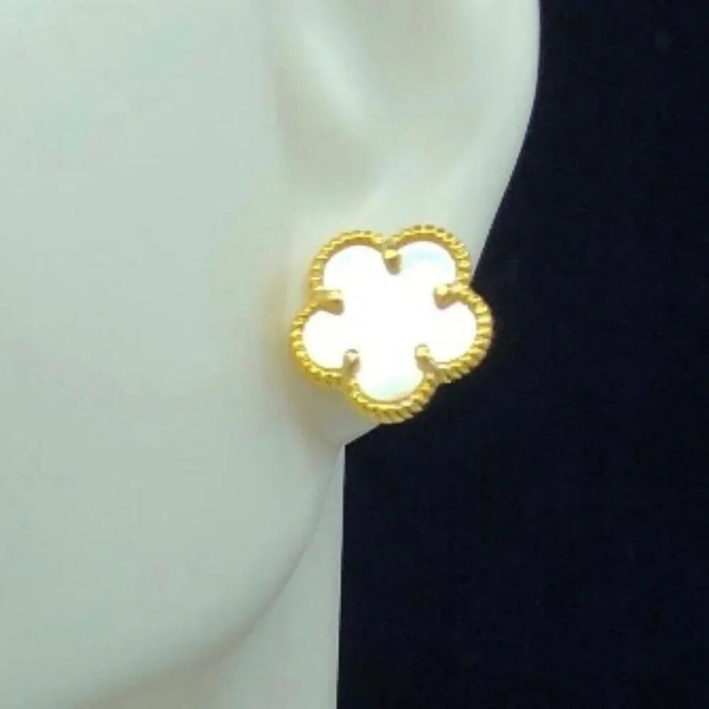 Clover 5 Leave Stud Earrings 18k GP 925 Sterling Silver / Mother of Pearl - Picture 6 of 6